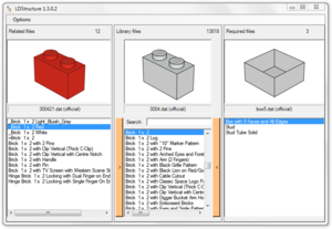 LDStructure showing 3004 Brick 1 x 2 (centre), its related files (left) and required subparts (right).